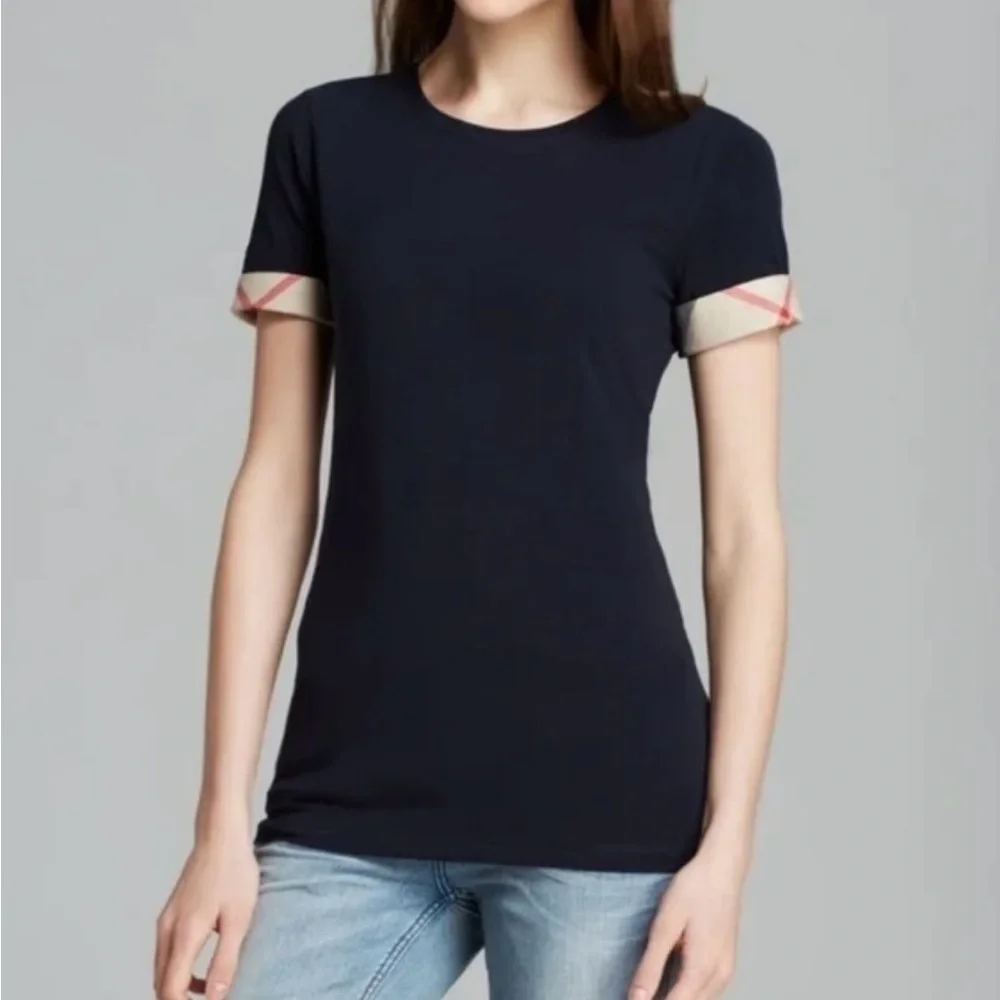 Burberry Brit Navy Blue Cotton Short Sleeve Nova Check Cuff T-Shirt Tee Size XS - Picture 2 of 10